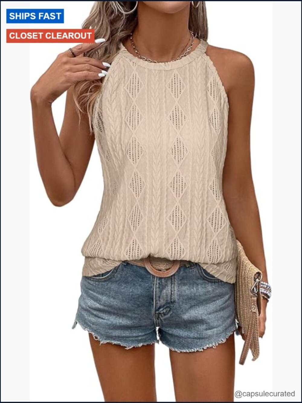 Sleeveless Halter Neck Crochet Knit Tank Top Blouse